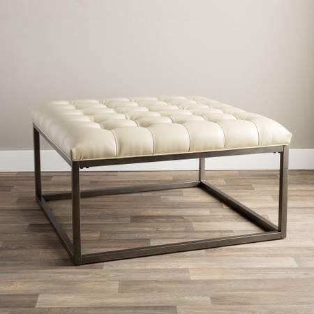 Tufted Leather Cocktail Ottoman - Cream White with Grey Frame