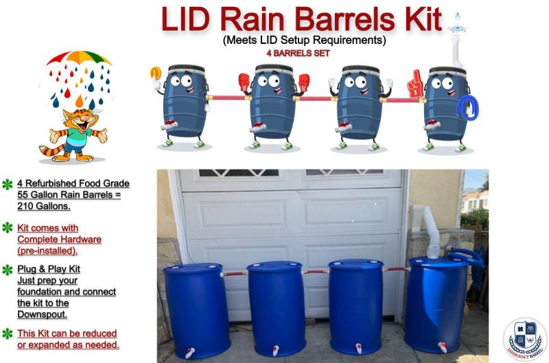 LID 4 Pre-installed Rain Barrels Kit - 55 Gallons Each - Los Angeles