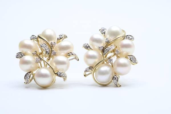 14K Yellow Gold Fancy Cluster Diamond Pearl Earrings (14 Grams) - Norwalk, Los Angeles, California